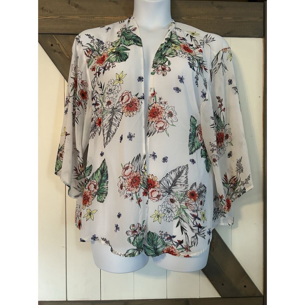 Torrid Flowy Floral Print Open Front Kimono Cover Up Plus Size 1/2 White 14/16